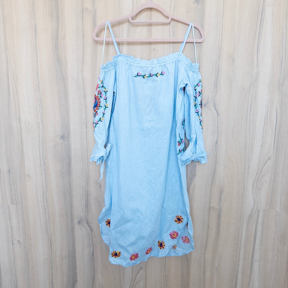 Philosophy Linen Embroidered Floral Dress Small Blue Cold Shoulder Boho Cottage - Picture 7 of 9